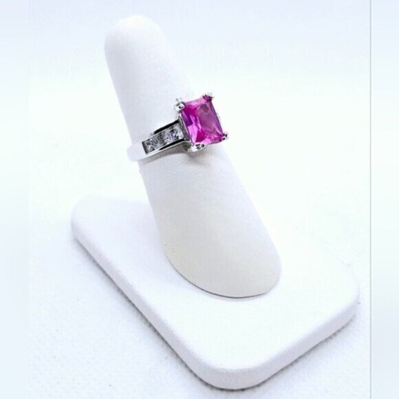 Hot Pink Cubic Zirconia Silver Tone Fashion Ring - Picture 3 of 8